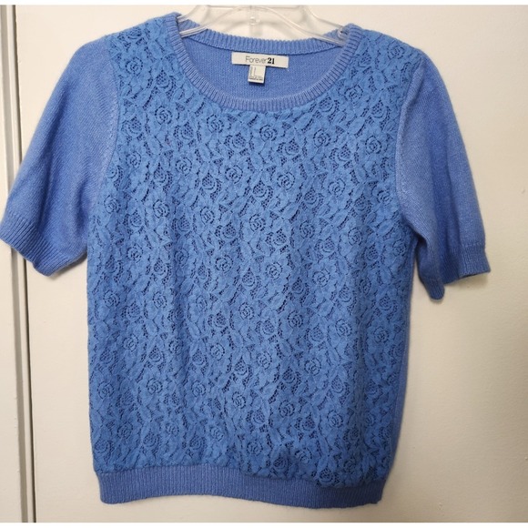 Forever21 Knit Top Blue Angora Rabbit Hair Blend Lace Overlay Short Sleeve Large - Picture 1 of 10
